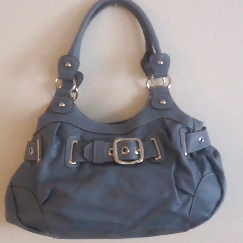 Gun-Metal Blue Mondavi-NY Handbag/Purse w/Silver Embellishments